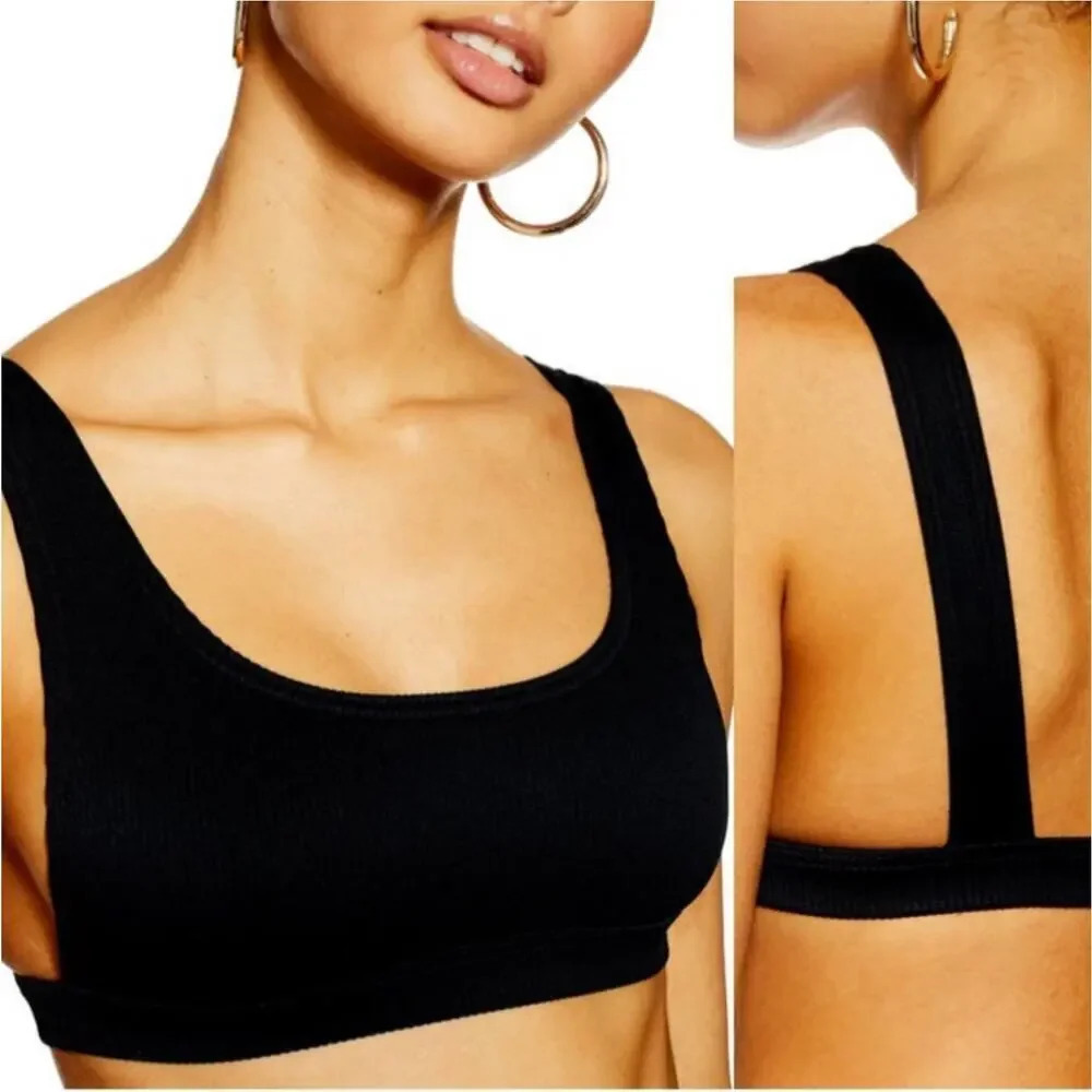 NEW TopShop Women’s Size 10 Black Ribbed Crinkle Bikini Top
